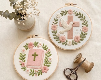 Faith Cross Embroidery Hoop Art, Christelijke bloemenborduurpakket muurdecoratie