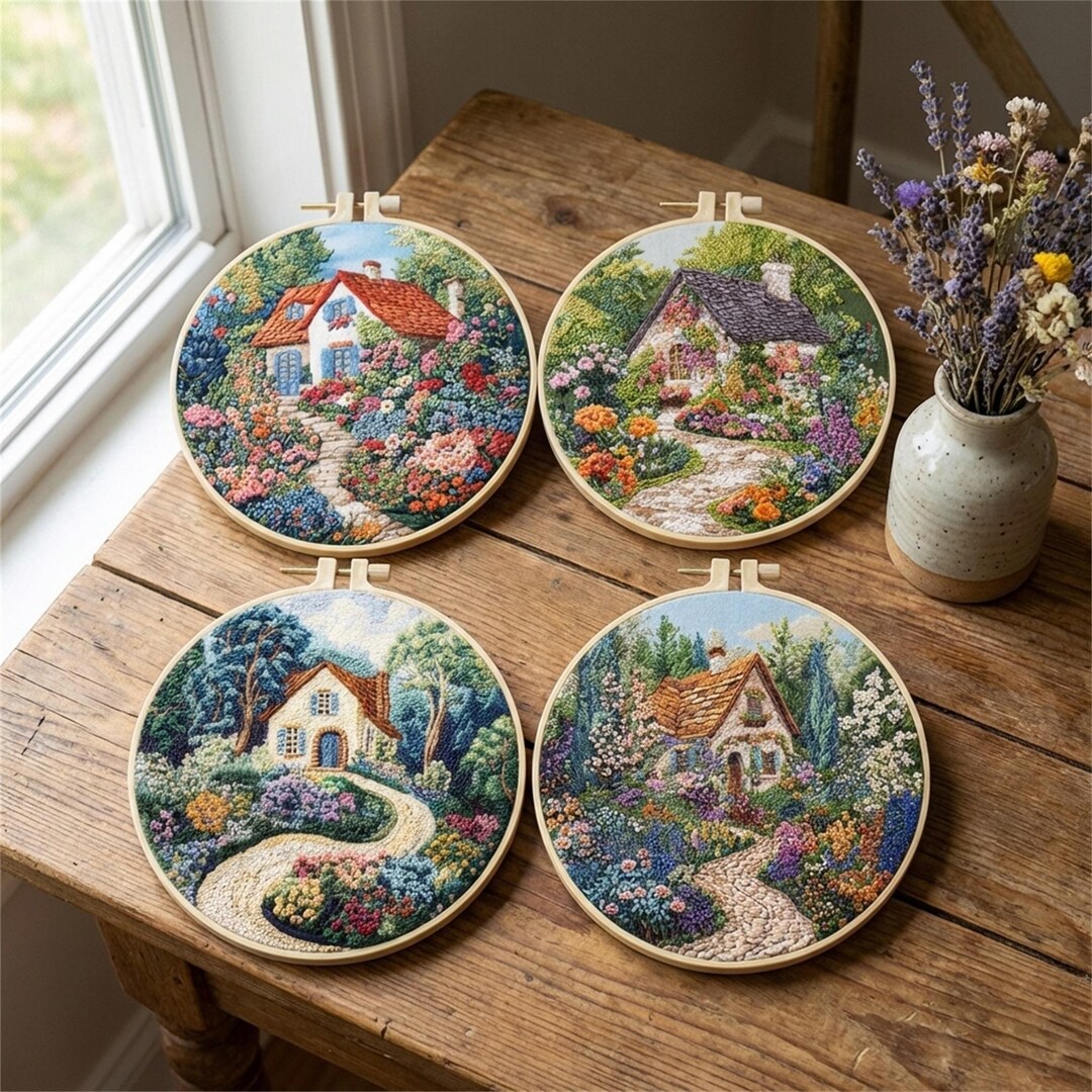 Cottage Garden Embroidery Kit for Beginners With Hoop, Floral House DIY ...