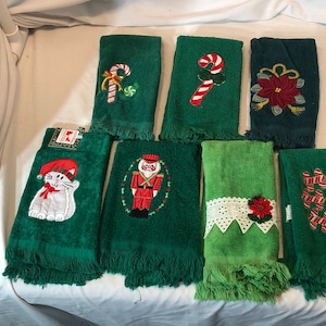 Vintage Christmas finger tips towels, Green holiday towels, candy cane, Poinsettia, Santa cat, nutcracker, ornaments