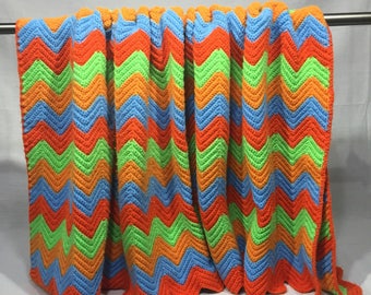 Vintage afghan, handmade,  blanket,  green, orange, and blue, chevron pattern, handmade, zig zag, retro afghan, retro afghan, bright colors