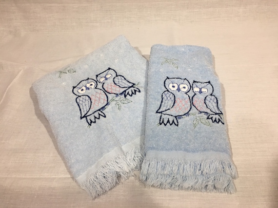 Vintage Owl Cannon Bath Towel Set Blue Vintage Bathroom Etsy
