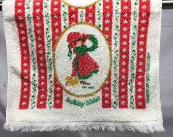 Vintage christmas kitchen towel, Holiday Wishes, retro kitchen towel, girl, stripes, towel, retro towel, green, red