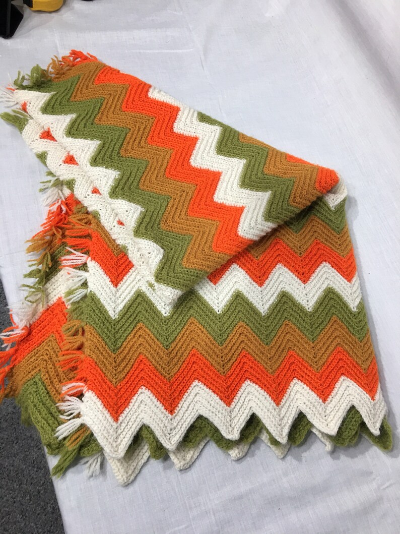 Vintage Afghan Handmade Blanket Tan Olive Green Orange Etsy