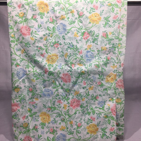 Vintage twin flat Floral sheet with pink, yellow, and blue flowers. Retro sheet, floral bedding, roses, JcPenney