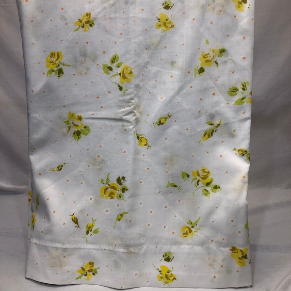 Vintage floral flat twin sheet, flowers yellow roses or flowers, floral, bedding, linens, vintage, yellow  polka dots, Spring Mills