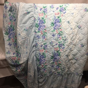 Vintage full size bedskirt, vintage skirt, ruffles, blue, buttterflies, floral, pink, green