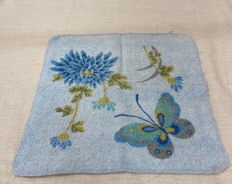 Vintage floral and butterfly blue Cannon wash cloth,  flower, vintage bathroom towel, retro washrag, face cloth,