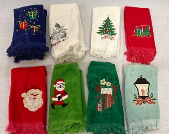 Vintage Embroidered Christmas Finger Tip Towels, Holiday Decor