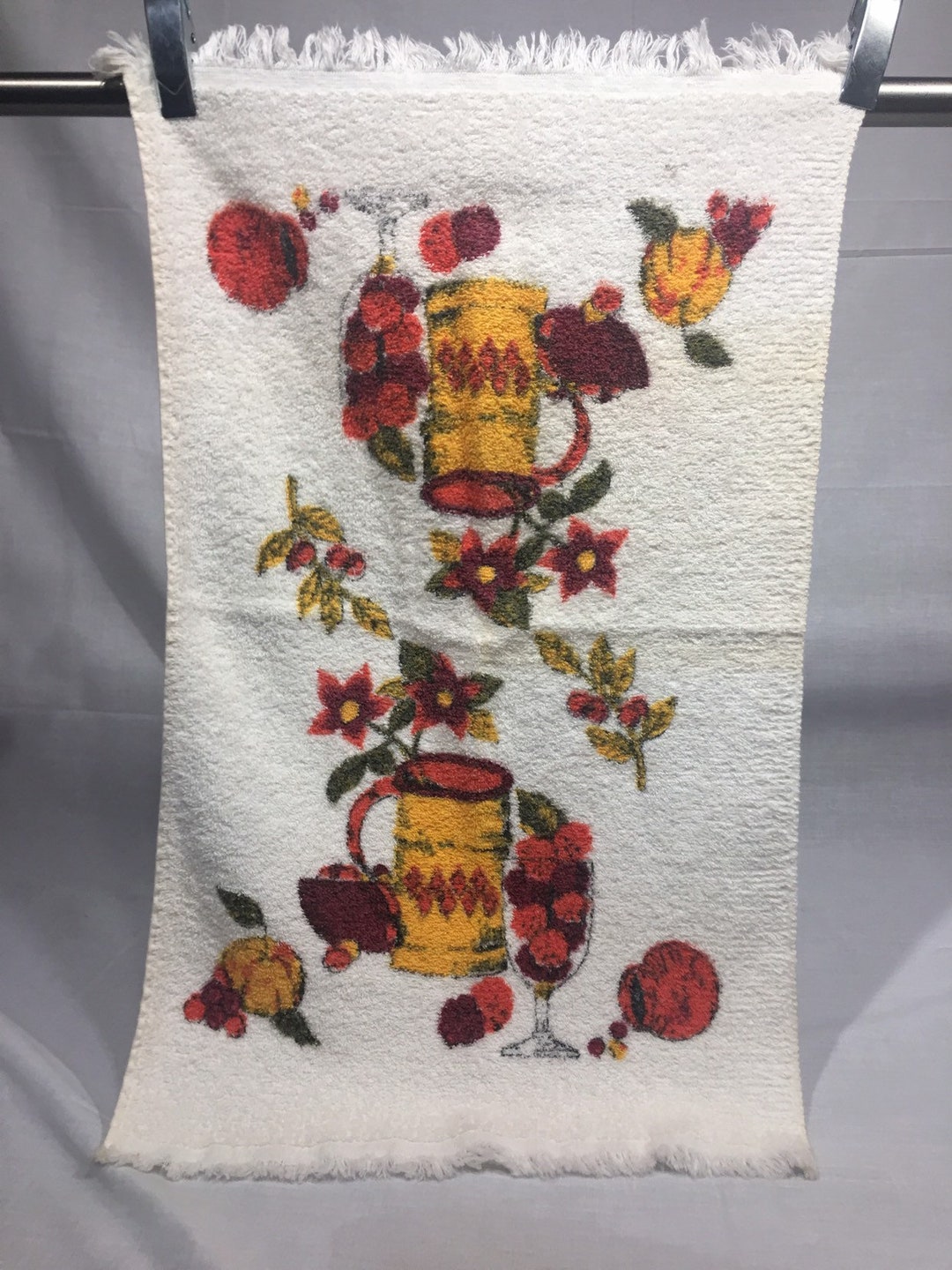 Vintage Kitchen Towel Fruit and Flowers, Retro Kitchen Towel, Yellow