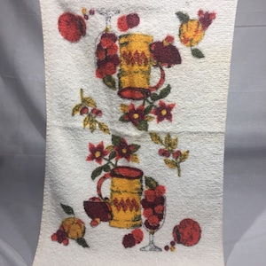 Vintage kitchen towel fruit and flowers, retro kitchen towel, yellow, red, orange, dish towel, hand towel
