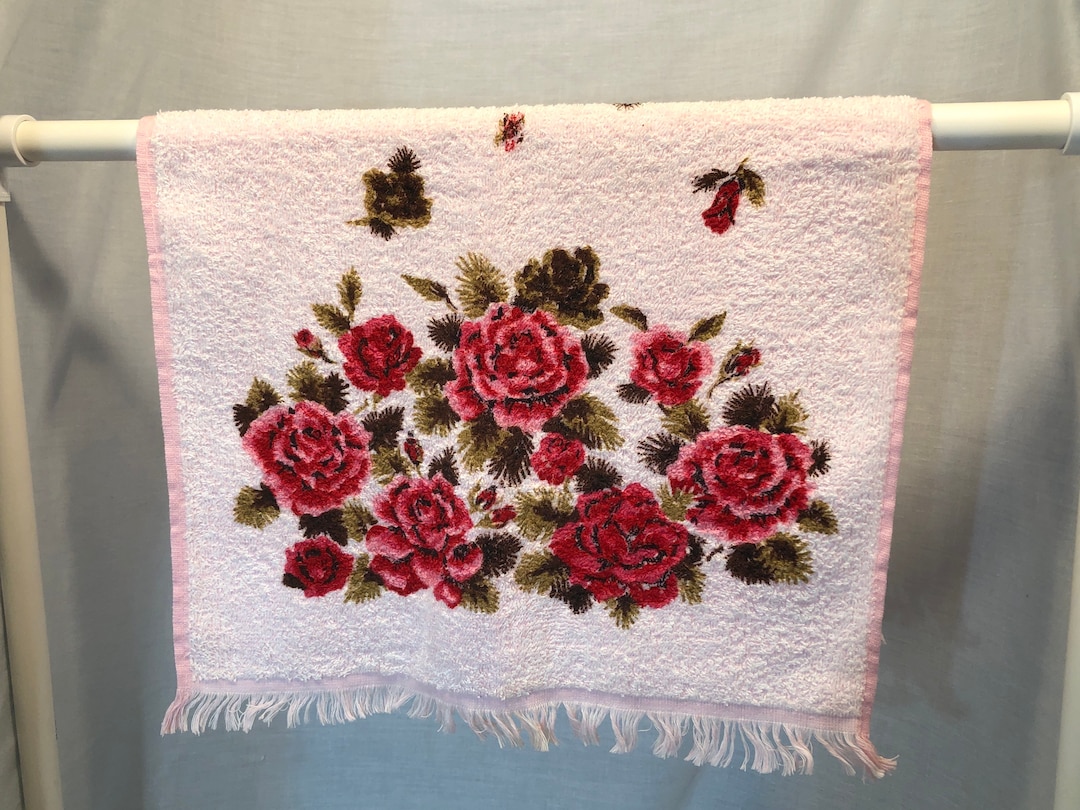 Vintage Floral Hand Towel, Pink and Red Flowers, Roses, Vintage ...