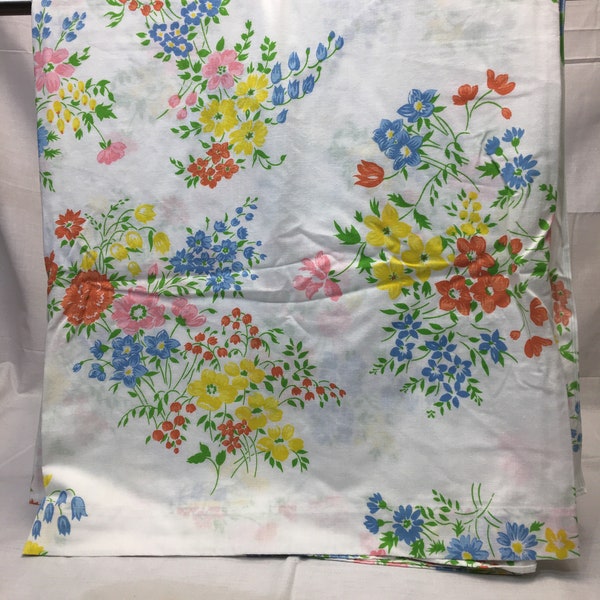 Vintage Cannon floral flat full or double sheet with flowers in the colors of pink, blue, yellow, orange flowers, floral, bedding, linens,