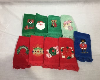 Vintage Embroidered Christmas Finger Tip Towels, Santa, Nutcracker