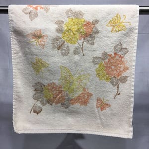Vintage floral hand towel, orange, yellow, brown, flowers and butterflies, vintage bathroom towel, tan hand towel, retro, bathroom towel,