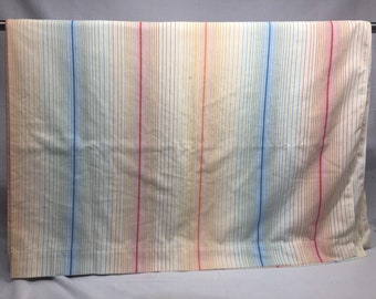 Vintage twin flat sheet, yellow, orange, red, blue stripes, bedding, linens, striped, retro, vintage stripes, Cannon