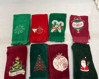 Vintage Christmas Finger tip towels, decorative towels, red holiday towels, Christmas tree, dove, cardinal, Santa Claus, bathroom towels