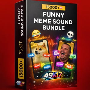 Puede incluir: Una caja negra con el texto "FUNNY MEME SOUND BUNDLE" y "15000+". La portada presenta dos smartphones que muestran memes, un Shiba Inu y un hombre riendo. La caja tiene el texto "FUNTT" y "49K17".