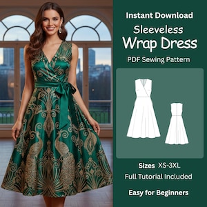 Könnte beinhalten: Ein ärmelloses Wickelkleid in Smaragdgrün mit einem goldenen Pfauenmuster. Das Kleid hat einen V-Ausschnitt, einen passenden Gürtel und einen fließenden Rock. Der Text "Instant Download Sleeveless Wrap Dress PDF Sewing Pattern" ist ebenfalls enthalten.
