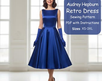 Modello per abito Audrey Hepburn / Modello di cucito PDF / Abito midi svasato stile vintage hollywoodiano anni '50 / Download digitale immediato