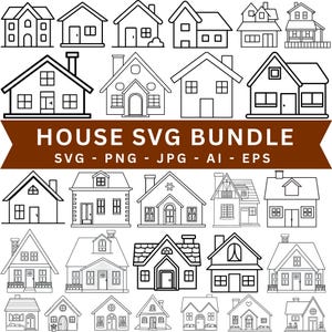 May include: A collection of black and white line art house icons arranged in a grid. A brown horizontal banner across the centre displays the white text HOUSE SVG BUNDLE followed by the file formats SVG - PNG - JPG - AI - EPS in white.