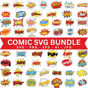 May include: A collection of colorful comic book sound effects in various shapes and sizes. Text includes "BOOM", "ZAP", "CRASH", and "COMIC SVG BUNDLE". The image is a digital graphic with a white background.