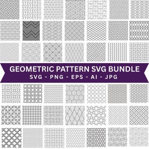 Könnte beinhalten: Eine Sammlung von 40 geometrischen Mustern in Schwarz und Weiß. Die Muster umfassen verschiedene Formen und Designs, wie Linien, Zickzackmuster und geometrische Formen. Der Text "GEOMETIC PATTERN SVG BUNDLE" ist auf einem lila Banner zu sehen.
