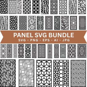 Puede incluir: Colección de diseños de paneles decorativos en blanco y negro con diversos patrones geométricos y florales. La imagen incluye el texto "PANEL SVG BUNDLE" con opciones de formato de archivo: SVG, PNG, EPS, AI y JPG. Adecuado para proyectos de manualidades y diseño.