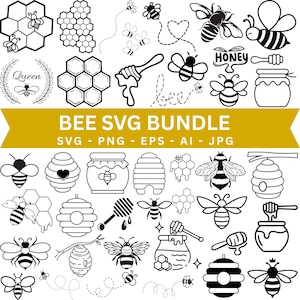 May include: A collection of black and white bee-themed SVG graphics. The bundle includes various bee illustrations, honeycombs, honey jars, and the text "BEE SVG BUNDLE". The graphics are suitable for digital design projects.