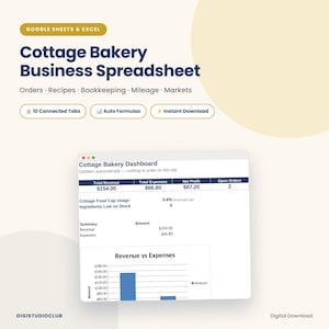 Puede incluir: Una hoja de cálculo digital para negocio de panadería artesanal compatible con Google Sheets y Excel. La interfaz muestra un panel con ingresos, gastos, beneficio neto, pedidos y un gráfico de barras Revenue vs Expenses. 10 pestañas.