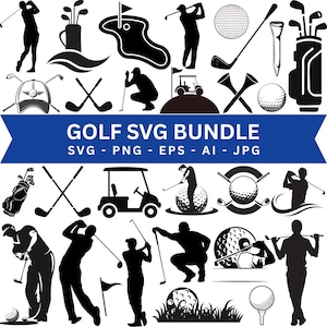 Op de afbeelding: Een verzameling zwart-wit golf-thema SVG-afbeeldingen. De afbeelding bevat silhouetten van golfers, golfclubs, golfballen, golfkarren en course-elementen. Een blauwe banner over de afbeelding leest "GOLF SVG BUNDLE".