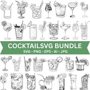 May include: A collection of black and white line art illustrations of various cocktails, each garnished with fruit and herbs. The image includes the text "COCKTAILSVG BUNDLE" and file type options.