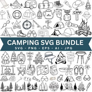 Könnte beinhalten: Schwarz-Weiß-Illustrationen zum Thema Camping. Das Bild zeigt Zelte, Lagerfeuer, einen Kompass, einen Wohnwagen, Wanderschuhe, eine Laterne, einen Hut und den Text "CAMPING SVG BUNDLE".