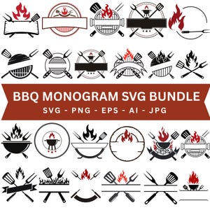 Puede incluir: Una colección de diseños de monogramas de barbacoa en blanco y negro con parrillas, llamas, tenedores y espátulas. El texto "BBQ MONOGRAM SVG BUNDLE" se muestra en una pancarta, con opciones de tipo de archivo.