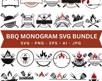 May include: A collection of black and white BBQ monogram designs featuring grills, flames, forks, and spatulas. The text "BBQ MONOGRAM SVG BUNDLE" is displayed in a banner, with file type options below.