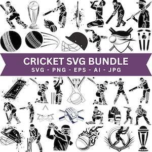 Puede incluir: Un conjunto de imágenes SVG de cricket en blanco y negro. Las ilustraciones incluyen jugadores de cricket, pelotas de cricket, bates, cascos y otros equipos de cricket. El texto "CRICKET SVG BUNDLE" se muestra en una pancarta morada.