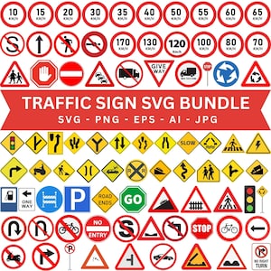 以下が含まれることがあります： 赤、白、黄、青の様々な交通標識のコレクション。速度制限標識、警告標識、規制標識が含まれています。「TRAFFIC SIGN SVG BUNDLE」というテキストが赤いバナーに白で表示されています。