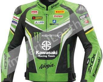 Kawasaki Ninja ZX-10R Racing Leather Jacket, Biker Motorcycle Sportswear