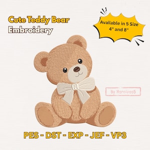 Op de afbeelding: Een bruin teddybeer borduurontwerp met een witte strik. Het ontwerp is verkrijgbaar in 5 maten, waaronder 10 en 20 cm. De tekst "Cute Teddy Bear Embroidery" staat bovenaan en de bestandstypen staan onderaan.