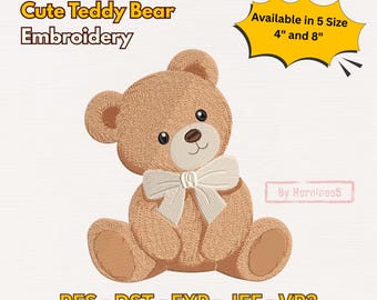May include: A brown teddy bear embroidery design with a white bow tie. The design is available in 5 sizes, including 4 and 8 inches. The text "Cute Teddy Bear Embroidery" is at the top, and the file types are listed at the bottom.