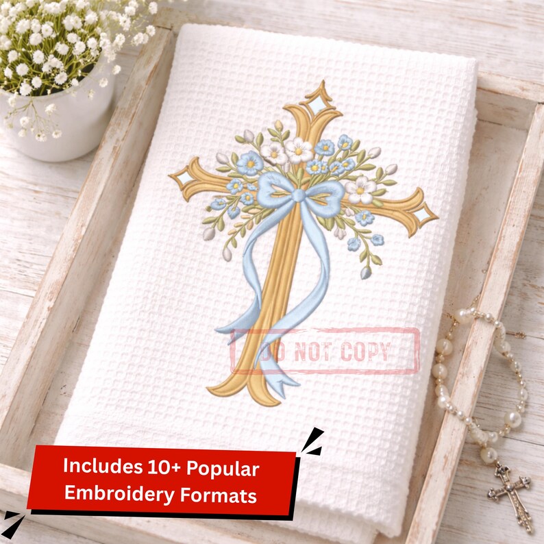 Floral Cross Embroidery Design – Religious Blue Ribbon Machine ...