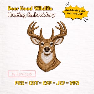 Realistic Deer Head Embroidery Design, Wildlife Stag Hunting Machine Embroidery File