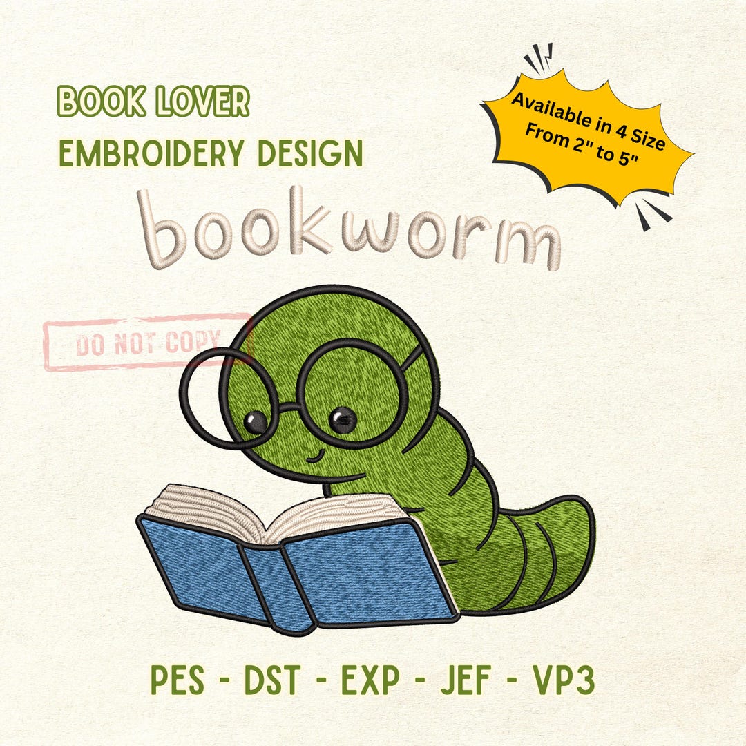 Bookworm Embroidery Design, Cute Book Lover Embroidery File, Bookish ...