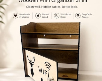 Handgefertigtes schwebendes Holzregal aus Erlenholz, an der Wand befestigter Wi-Fi-Fräser-Organizer, Kabelmanagement-Box, personalisiertes Geschenk zum 5-jährigen Jubiläum