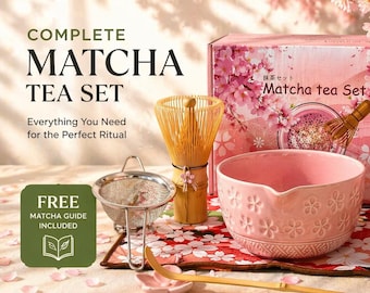 Set de matcha con bol y batidor de bambú, kit de matcha japonés, tazón de té chawan con boquilla, kit de iniciación al matcha + guía gratuita