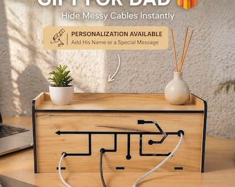 Gepersonaliseerde eiken kabelkast, opberger voor router, snoerhouder, cadeau voor papa