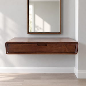 Floating Vanity with Drawer, Narrow Wall Mounted Dressing Table, Solid Wood Makeup Desk for Small Bedroom