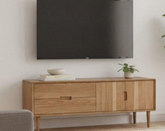 Japandi TV Stand with Storage and Doors, Media Console for Living Room, Minimalist Modern Wood Credenza