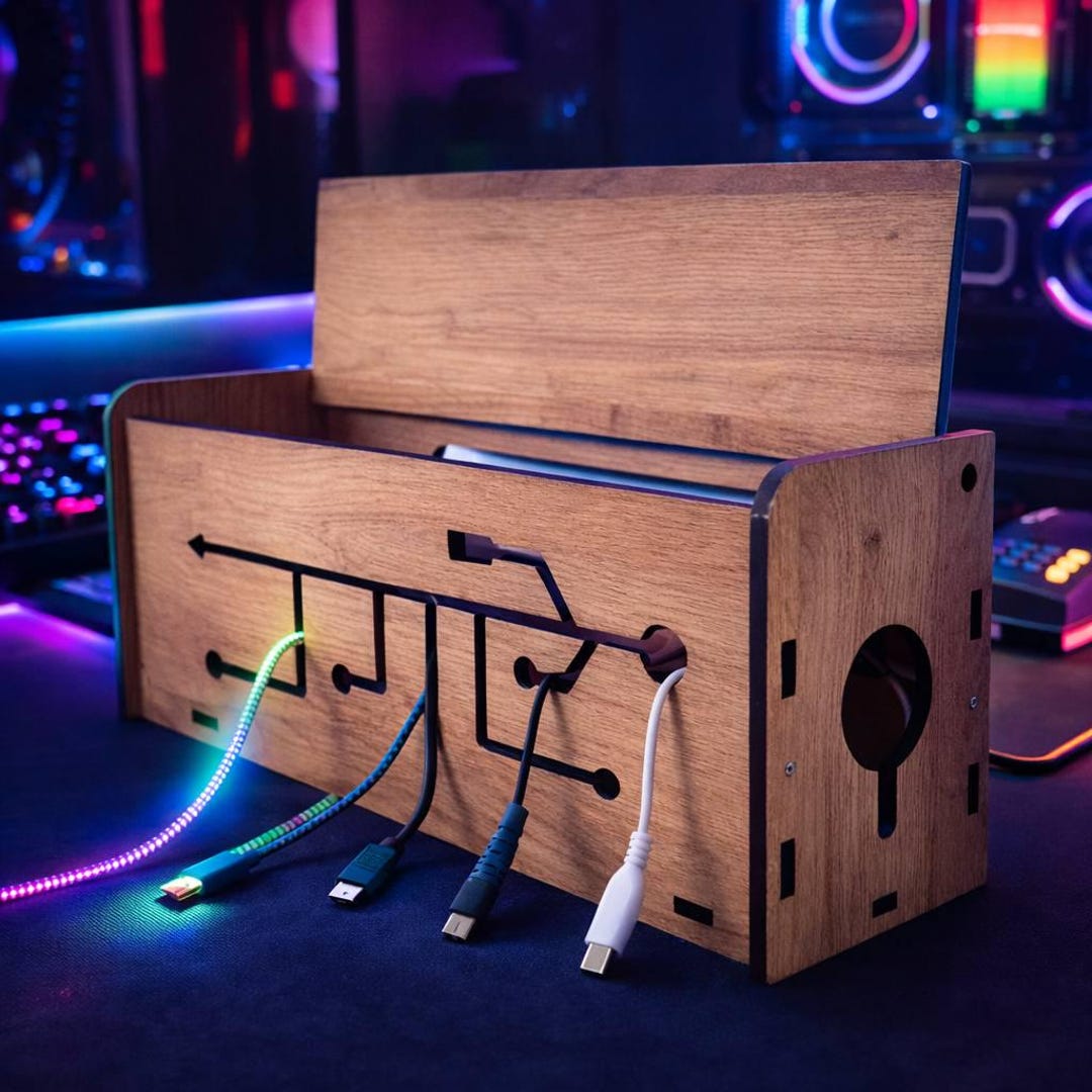Oak Gaming Cable Management Box | Handmade Wooden Desk Organizer - Etsy