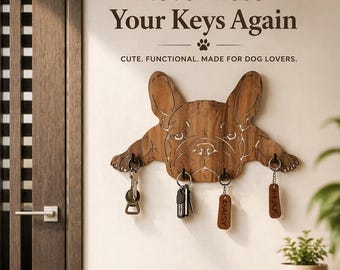Handmade Wooden Key Holder Wall Mount, Entryway Key Organizer Rack, Key Hanger for Wall, Cute French Bulldog Decor, Dog Lover Gift