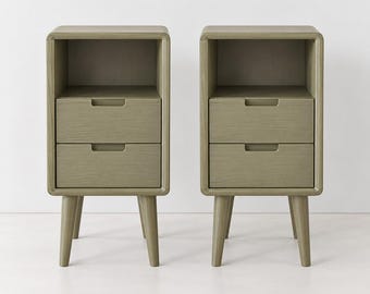 Reserved Custom Order – Set of 2 Tall Maple Nightstands, 75 cm, Two Drawers, RAL 7034 Moss Green